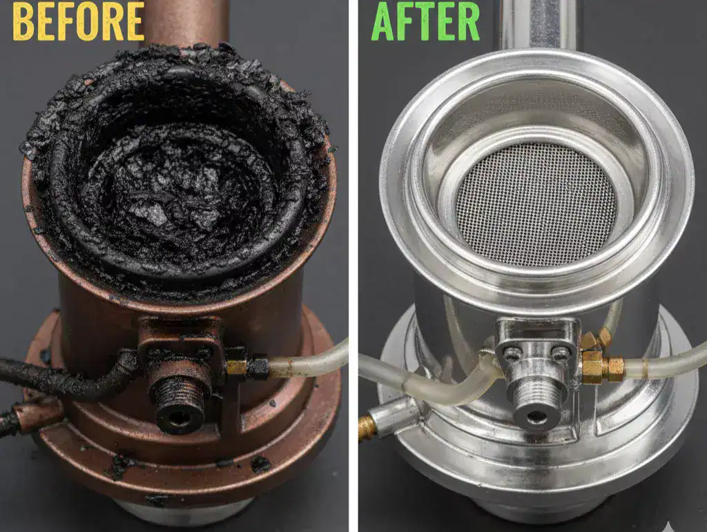 Comparison of a carbon-clogged marine diesel heater burner versus a professionally cleaned and serviced unit