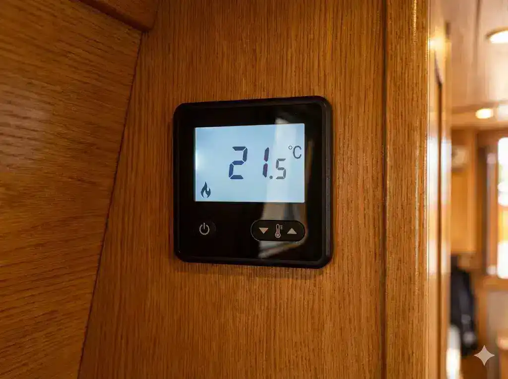 A modern digital control panel for a diesel air heater mounted on a narrowboat’s oak-panelled wall, showing a temperature setting of 21°C.