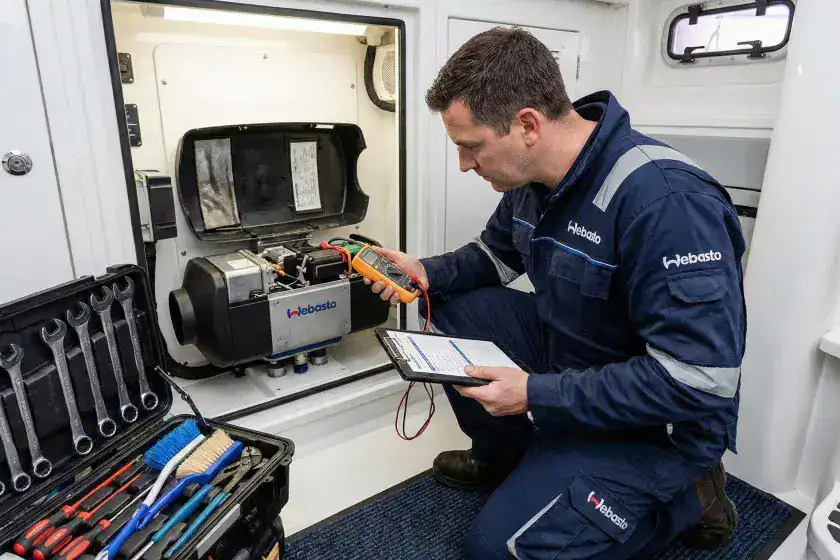A professional marine engineer in branded workwear performing electrical checks with a multimeter on an open Webasto diesel heater unit inside a boat technical locker.