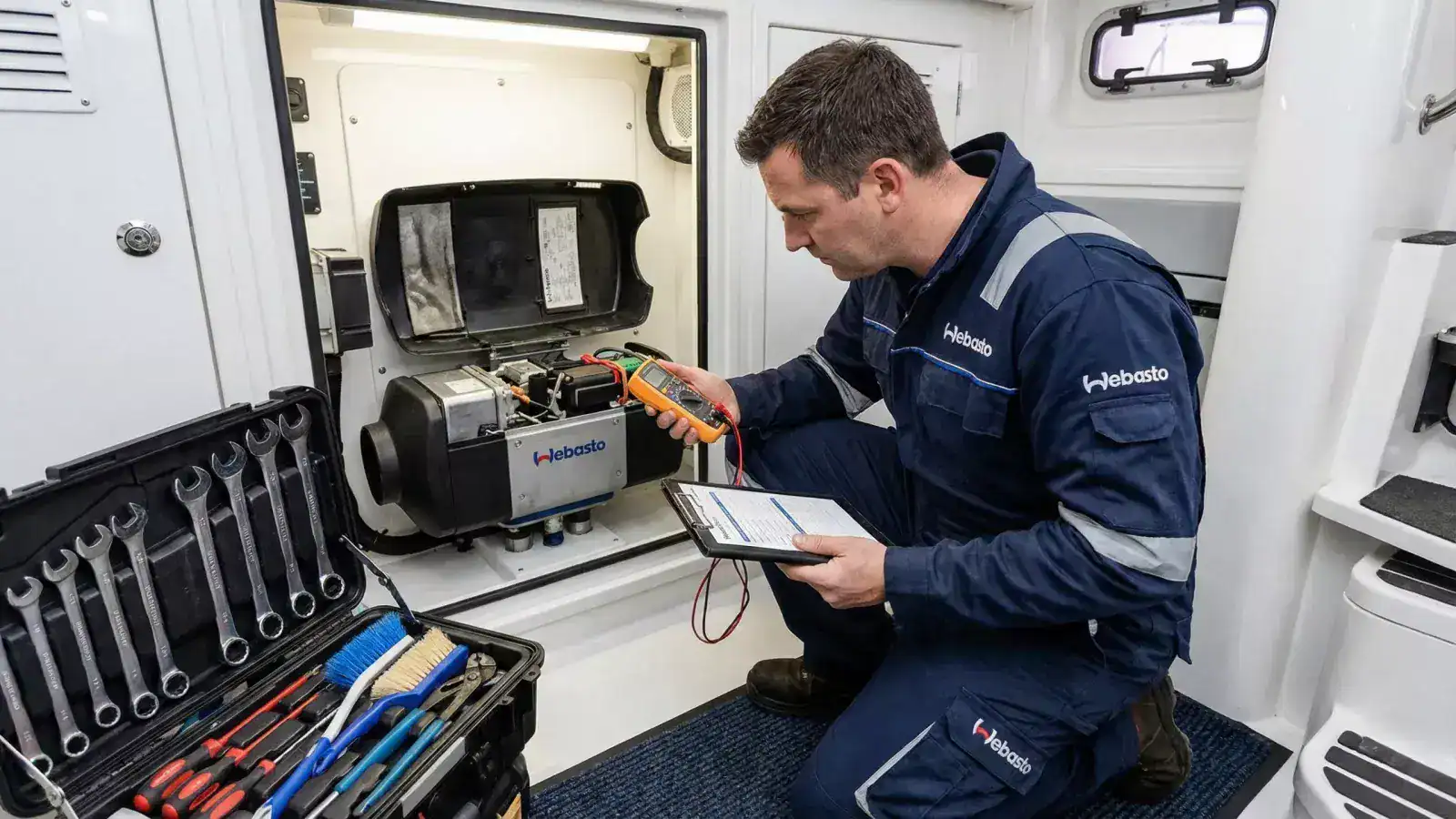 A professional marine engineer in branded workwear performing electrical checks with a multimeter on an open Webasto diesel heater unit inside a boat technical locker.