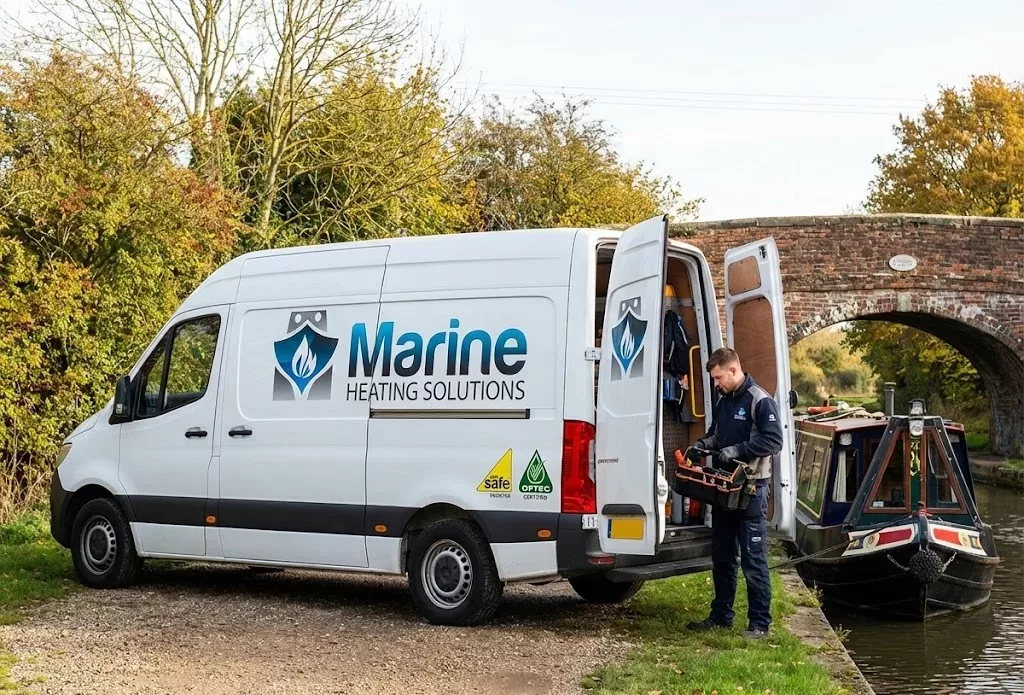 A landscape photograph of a white Marine Heating Solutions service van featuring the official blue and grey shield logo, parked next to a canal bridge at sunset.