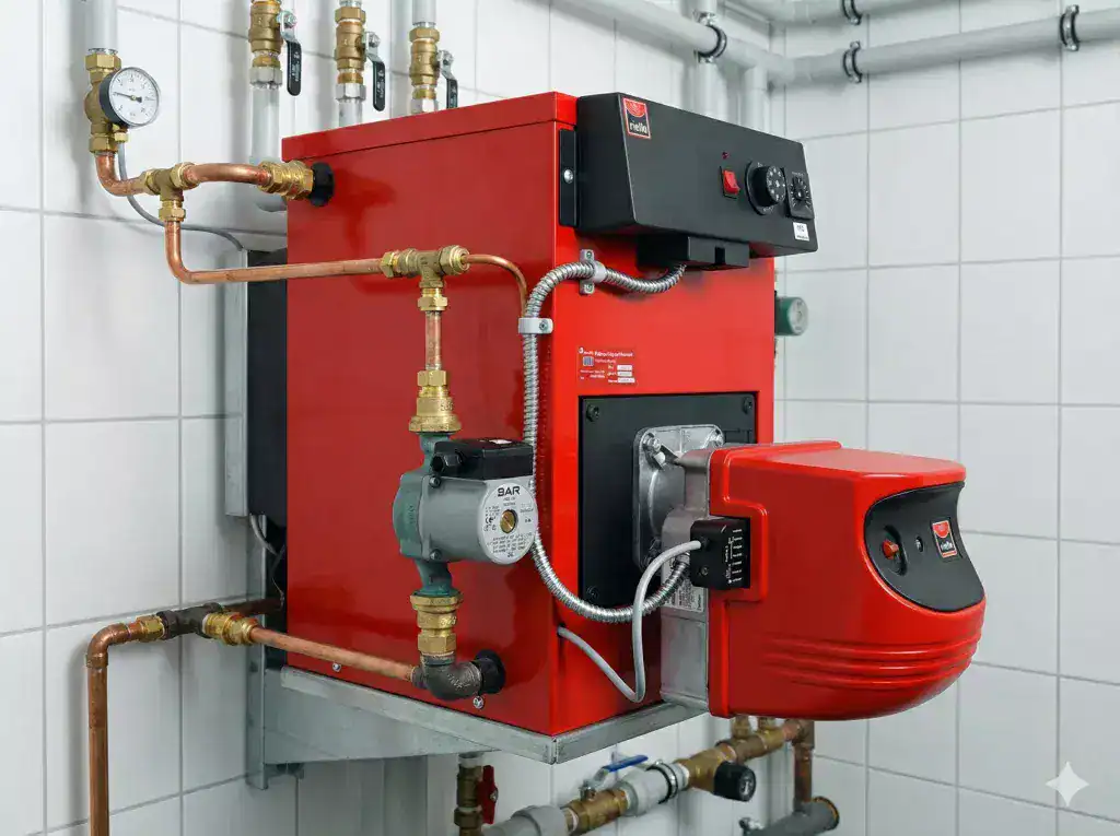 A professional-grade Kabola pressure jet diesel boiler showing the burner assembly and fuel pump connections on a boat.