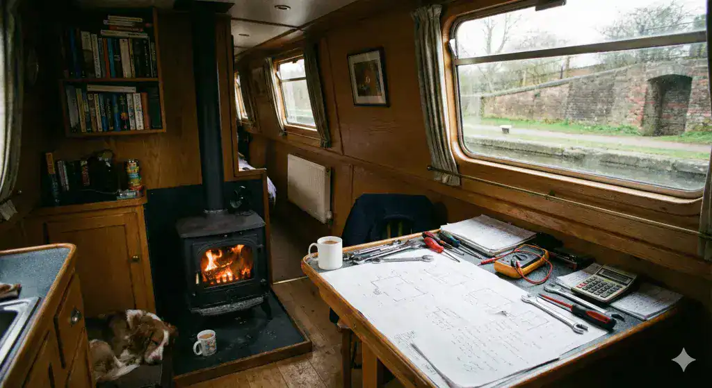 An image of a narrowboat cabin, with a stove, with papers, a calculator, and tools, suggesting repair planning by a canal.