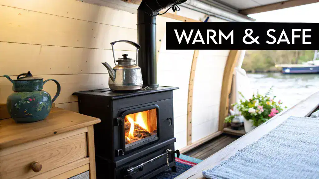 A cozy narrowboat interior featuring a lit wood-burning stove with a kettle, providing warmth and comfort.
