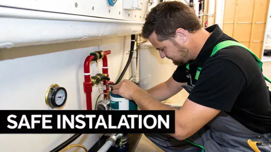 A technician carefully installing plumbing with red pipes and a water gauge, ensuring safe setup.