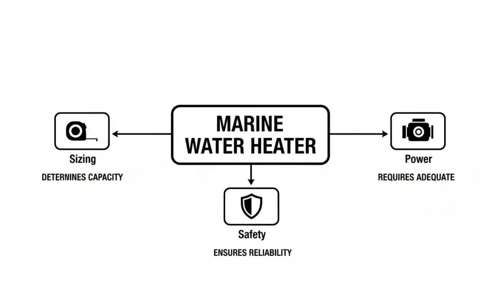 An informational diagram outlining key considerations for marine water heaters, including sizing, power, and safety.