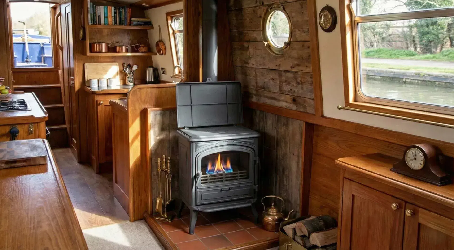 Franco Belge Burgundy multi-fuel stove with its cooking plate lid open, featuring a burning fire inside a wood-paneled narrowboat cabin.