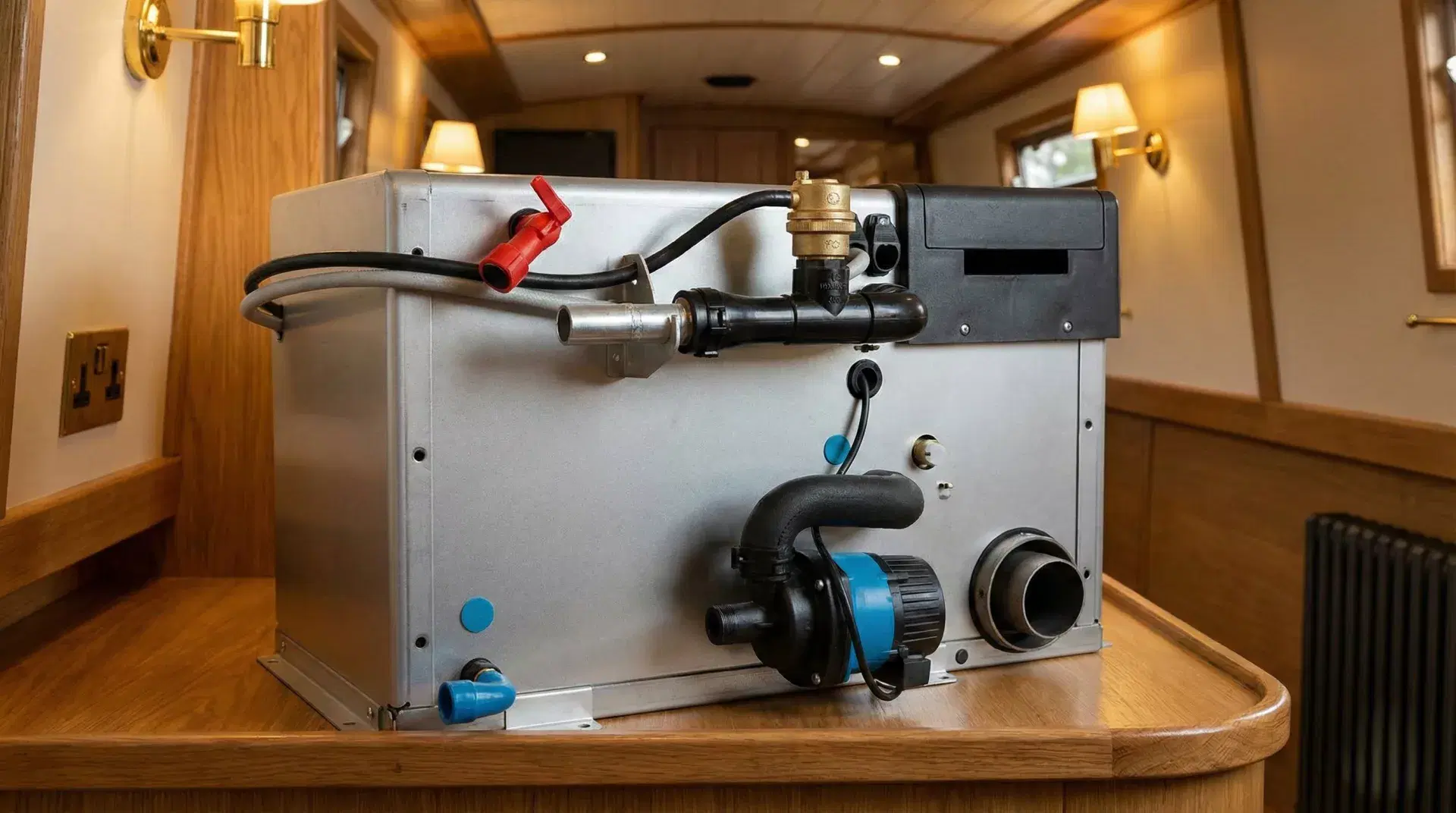 An Alde Compact 3030 marine LPG boiler shown in a professional boat installation setting with clear views of the pump and flue connections.