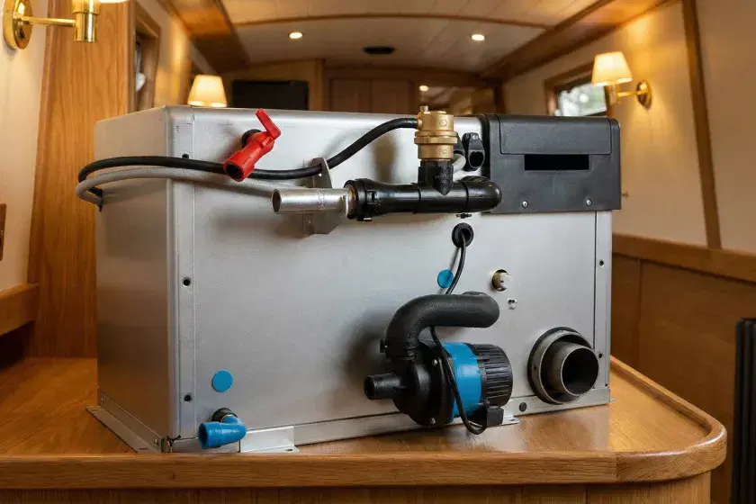 An Alde Compact 3030 marine LPG boiler shown in a professional boat installation setting with clear views of the pump and flue connections.