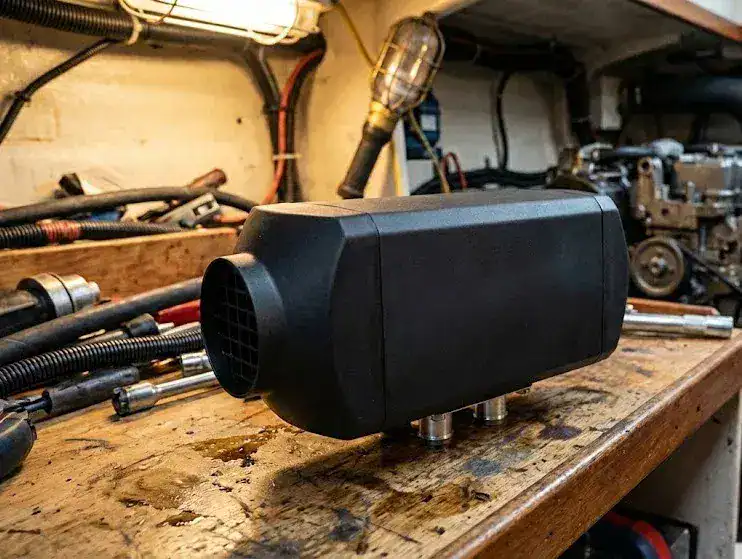 A robust Autoterm Air 4D 4kW marine diesel heater unit shown uninstalled, resting on a wooden workbench in a boat's engine room surrounded by tools.