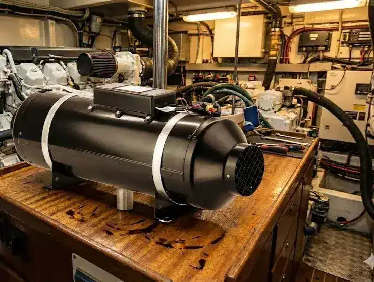 The industrial Autoterm Air 9D 9kW diesel heater unit sitting on a narrowboat galley countertop, showing its cylindrical design and large heating capacity.