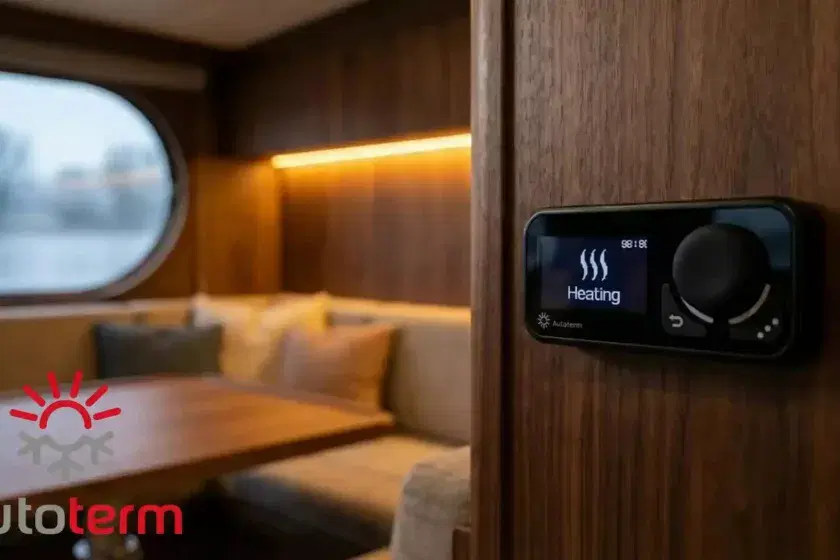 Autoterm Comfort Controller digital thermostat mounted in a wood-paneled boat cabin with a view of a misty river through the porthole