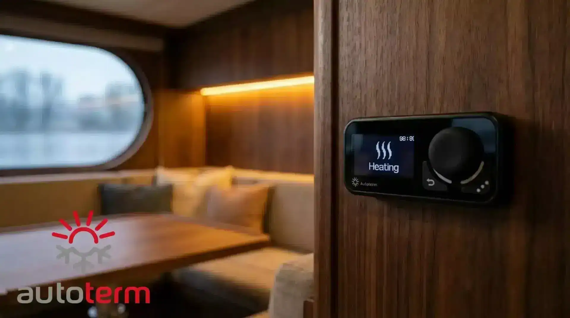 Autoterm Comfort Controller digital thermostat mounted in a wood-paneled boat cabin with a view of a misty river through the porthole
