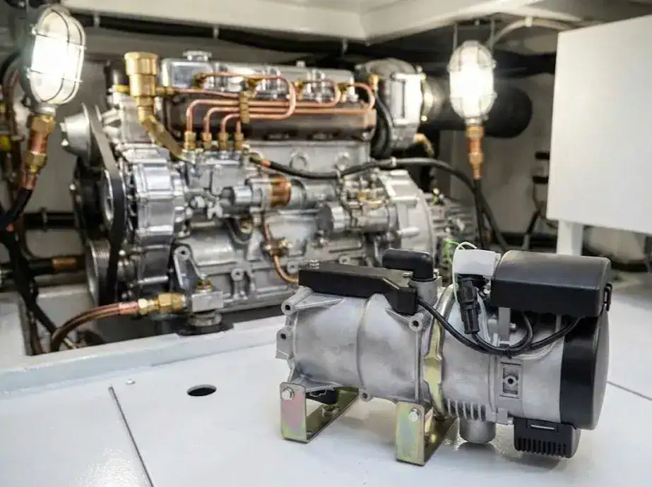 Autoterm Flow 14TC-Mini (14kW) diesel liquid heater unit with heavy-duty mounting brackets and black protective covers, shown in a boat interior.