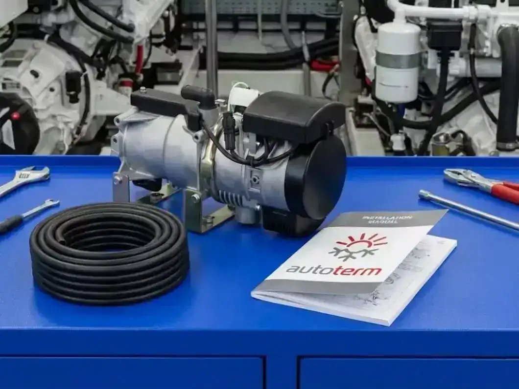 An Autoterm Flow 14TC-Mini 14kW heater on a blue workbench with a coil of black marine fuel hose and an official Autoterm Installation Manual.
