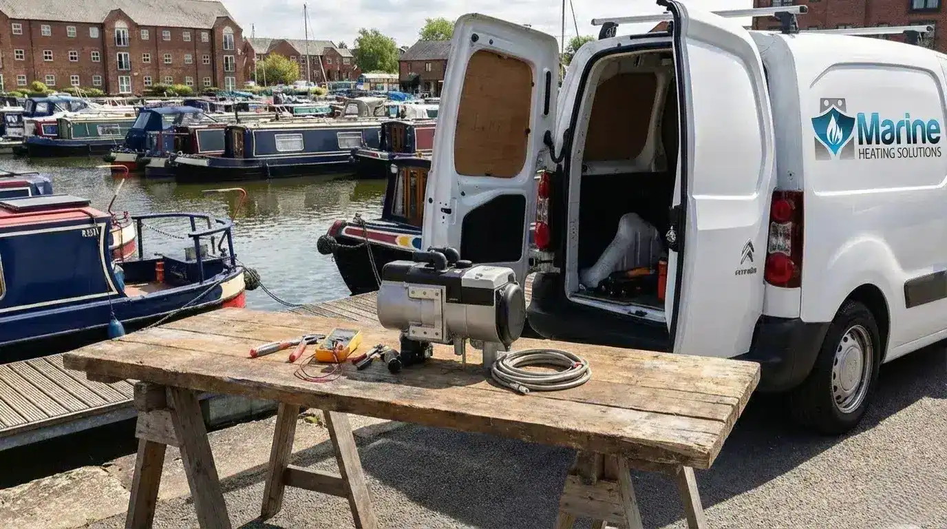 An Autoterm Flow 5 diesel water heater on a wooden sawhorse workbench in front of a Marine Heating Solutions service van at a narrowboat marina.