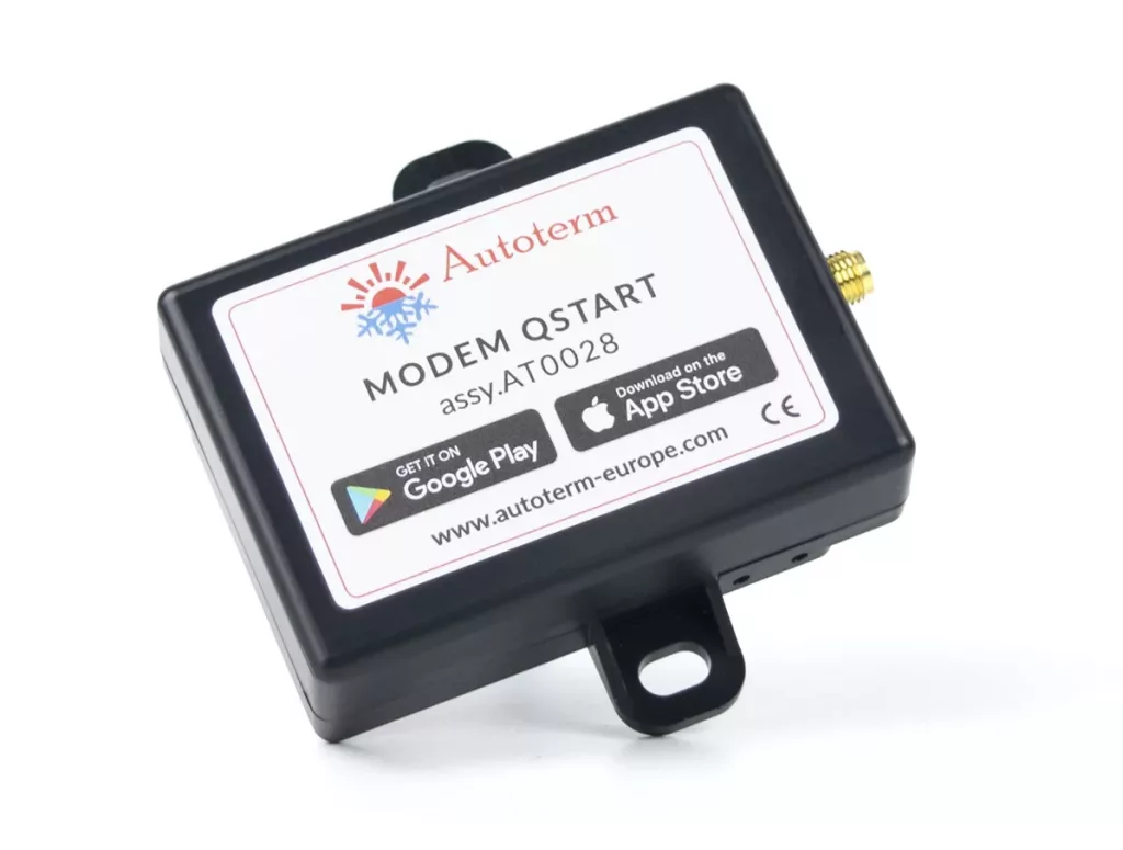 Black Autoterm QSTART modem box with labels for Google Play and App Store, featuring an antenna port for cellular connection.