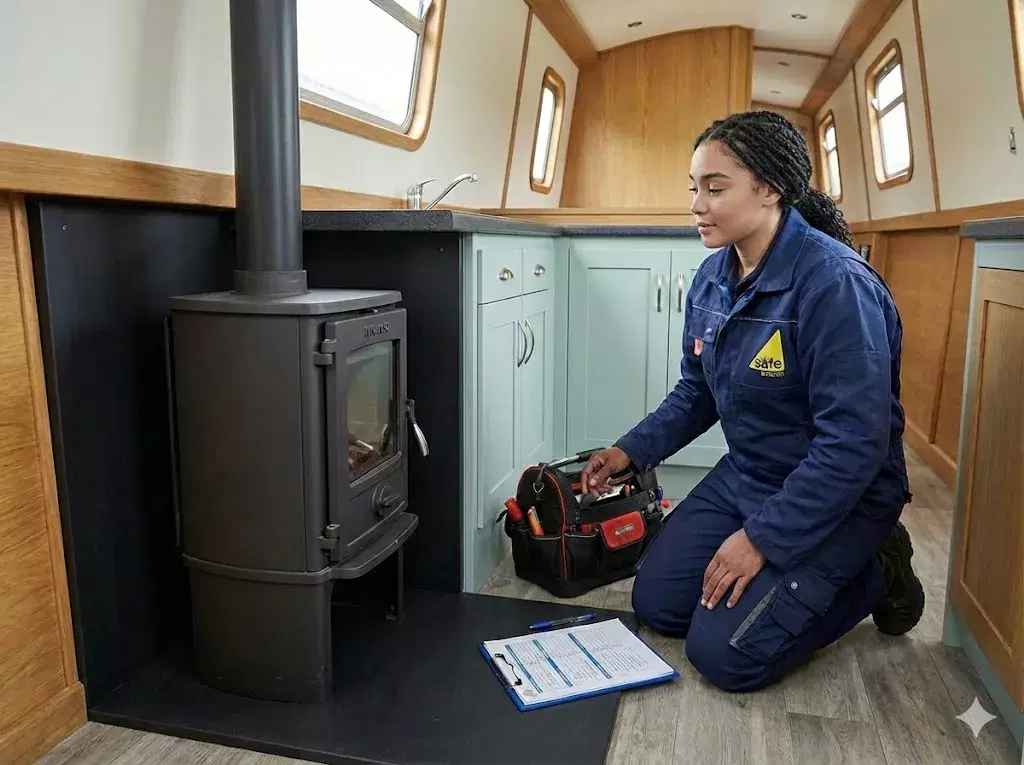 A professional marine technician inspecting a Morso Squirrel stove for refurbishment on a boat.