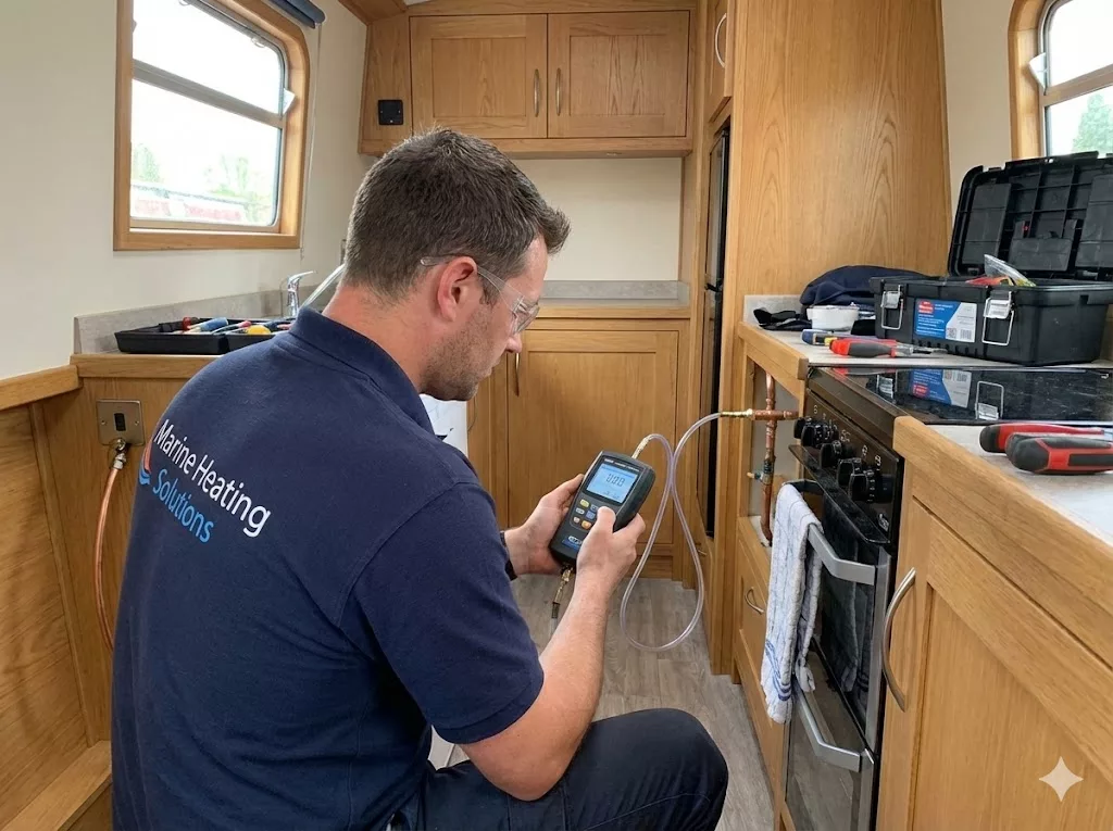 A Marine Heating Solutions engineer performing a gas tightness test on a boat's LPG system using a digital manometer and tablet.