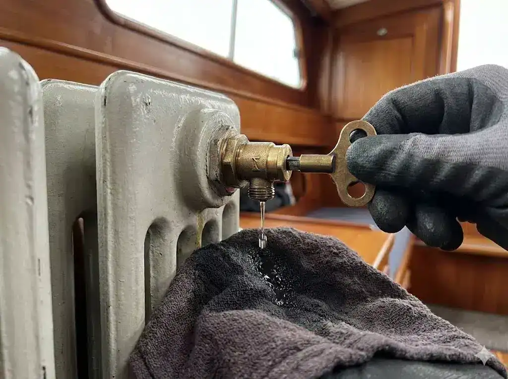 A close-up view of a gloved hand using a brass bleed key to open a valve on a cast iron narrowboat radiator, with water dripping onto a dark absorbent rag held underneath.