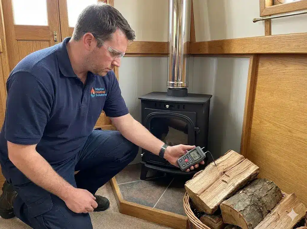 A Marine Heating Solutions engineer using a digital moisture meter to test seasoned wood next to a marine multi-fuel stove for safety certification.