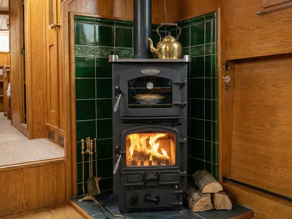 Black Bubble 4B Pie Pod multi-fuel boat stove with integrated oven installed in a narrowboat featuring dark green tiles and wood panelling.