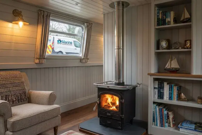A Bubble 4B solid fuel boat stove installed in a narrowboat cabin with wood panelling and a Marine Heating Solutions service van visible outside.