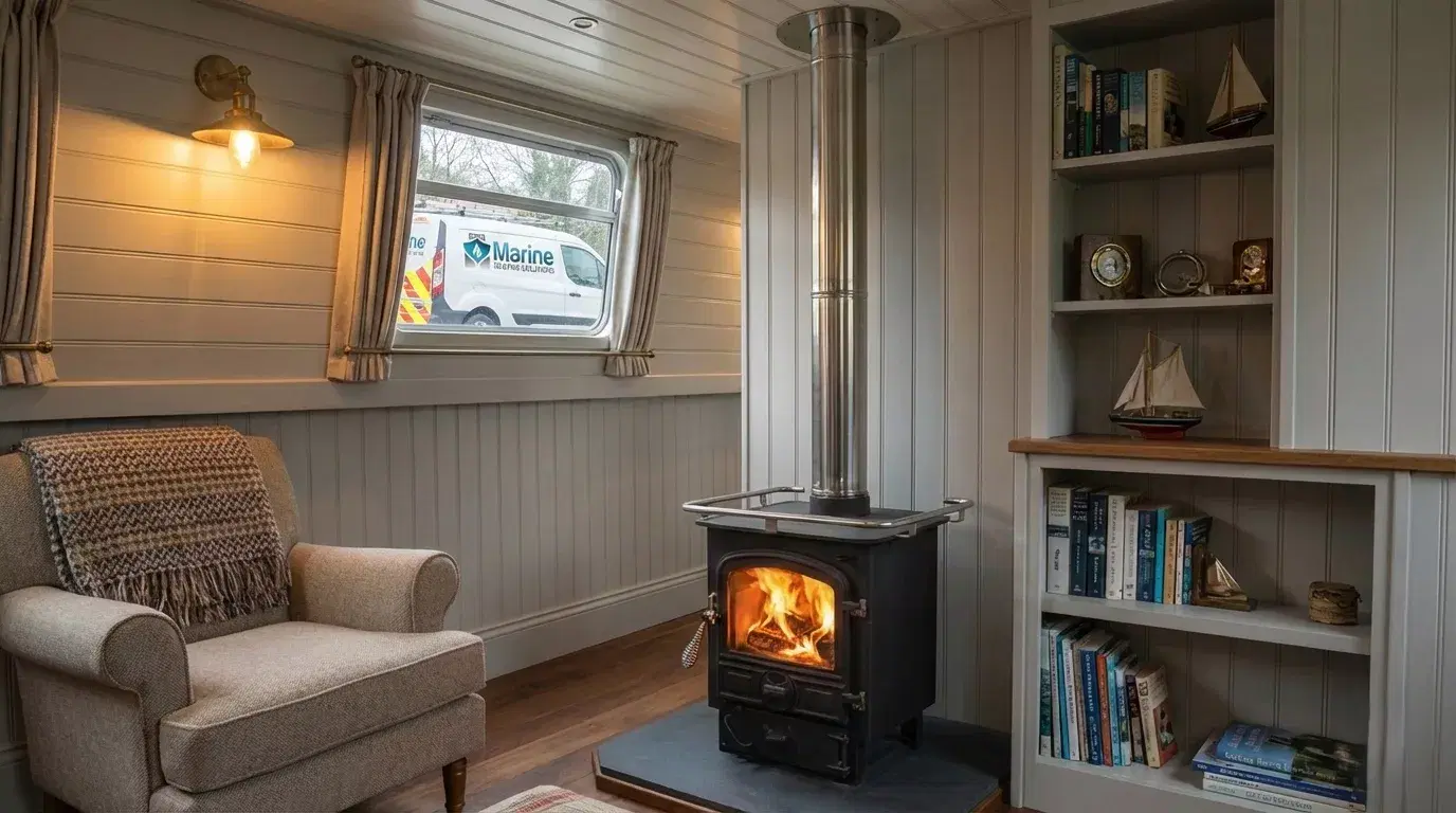 A Bubble 4B solid fuel boat stove installed in a narrowboat cabin with wood panelling and a Marine Heating Solutions service van visible outside.