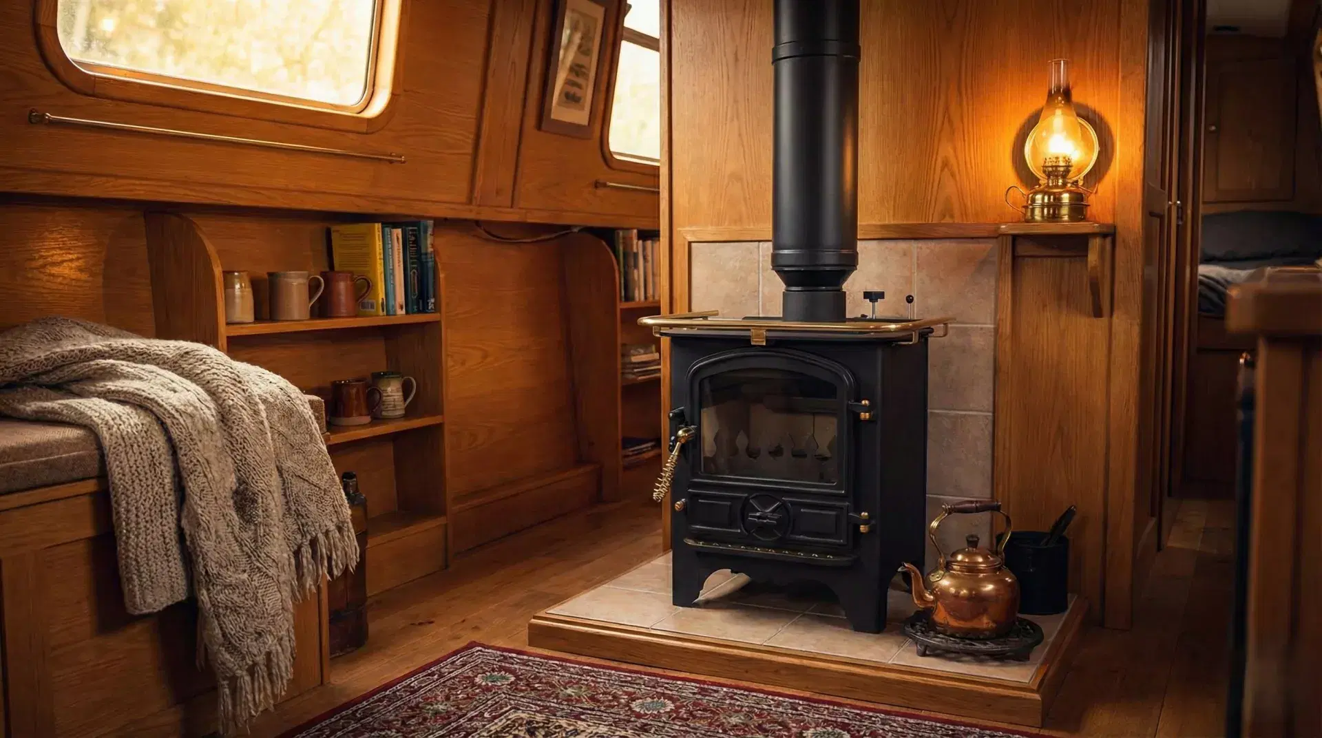 Black Bubble B1 Diesel boat stove with a brass rail and twin wall flue, installed in a cosy narrowboat interior with wood panelling and green tiles.