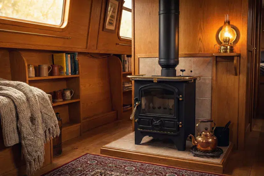 Black Bubble B1 Diesel boat stove with a brass rail and twin wall flue, installed in a cosy narrowboat interior with wood panelling and green tiles.
