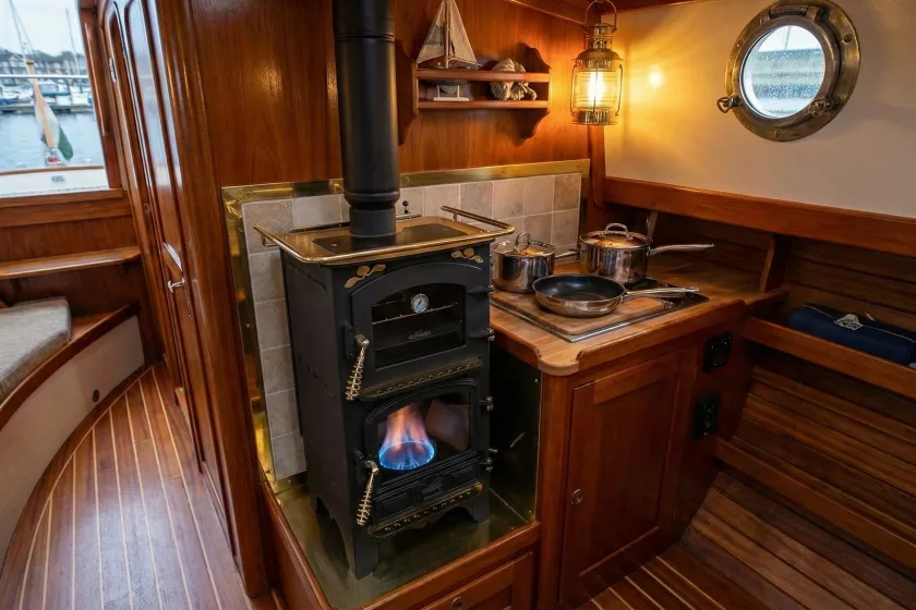 Bubble B1 Pie Pod oil-fired boat stove with an active blue flame and a black twin-wall insulated flue, installed in a traditional wood-paneled narrowboat cabin.