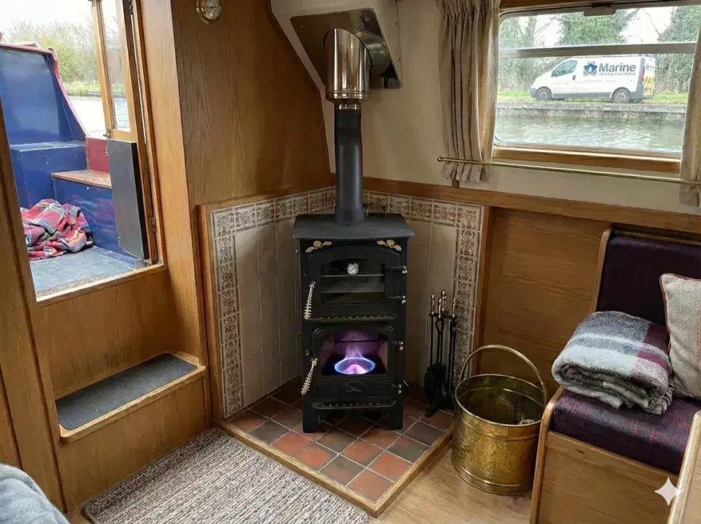 Bubble B1 Pie Pod multi-fuel stove with integrated oven installed in a narrowboat interior, featuring a tiled hearth and a Marine Heating Solutions service van visible outside.