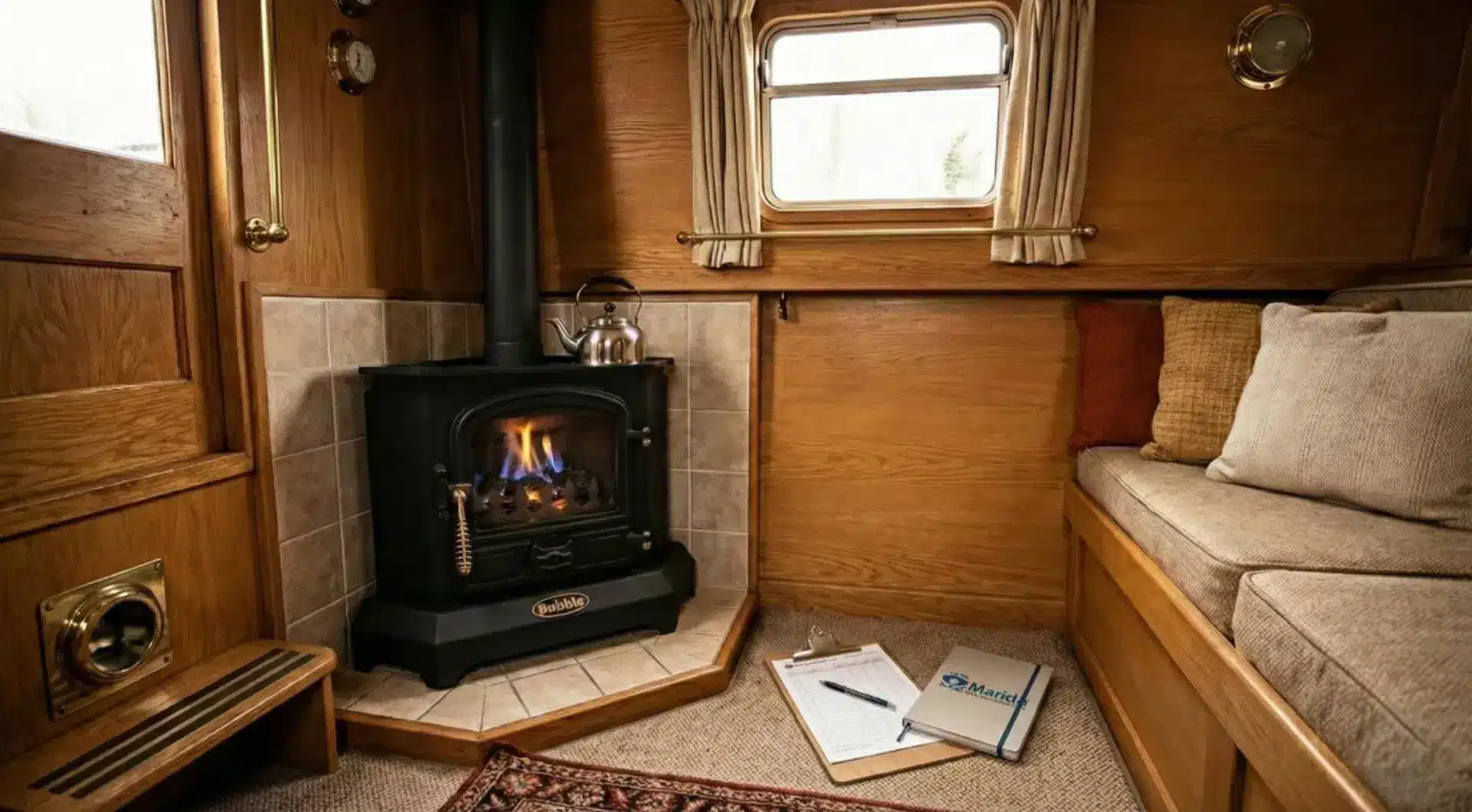 Bubble Corner diesel boat stove with a realistic blue low-intensity flame installed in a wood-paneled narrowboat cabin.