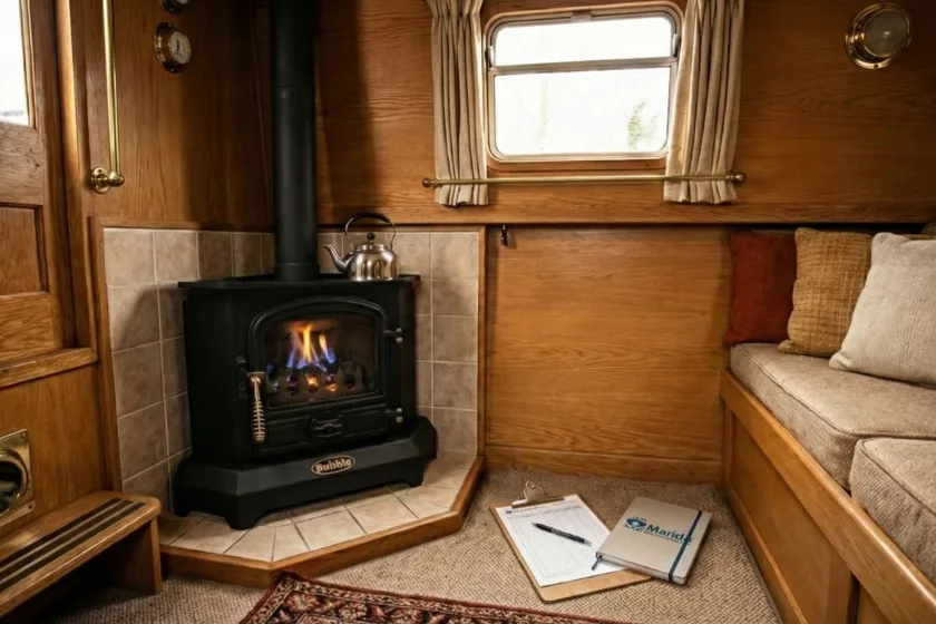 Bubble Corner diesel boat stove with a realistic blue low-intensity flame installed in a wood-paneled narrowboat cabin.