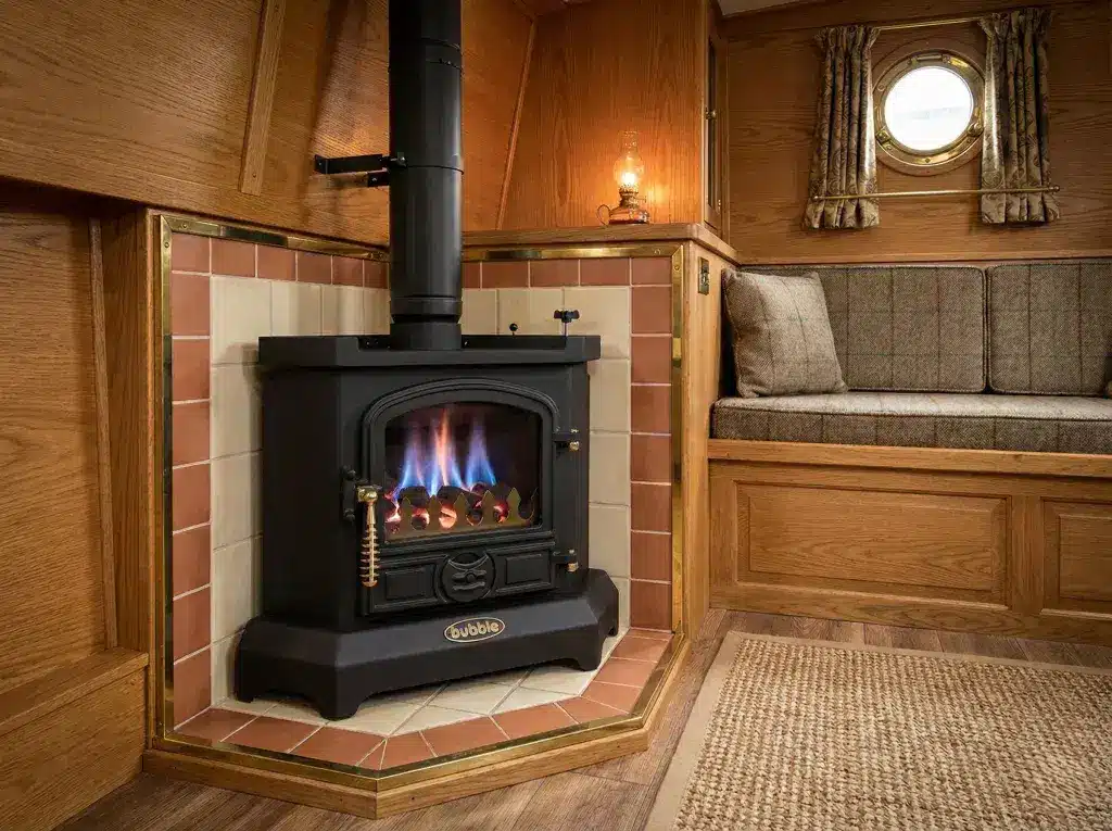 Bubble Corner diesel boat stove with a realistic blue low-intensity flame installed in a wood-paneled narrowboat cabin.