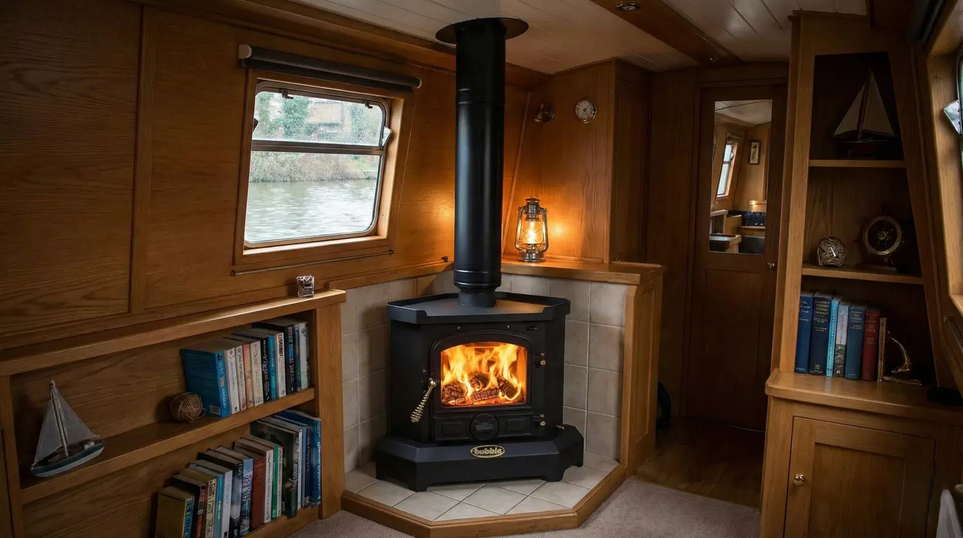 Bubble Corner solid fuel stove with burning fire and black twin wall flue installed in a wood-paneled narrowboat cabin.