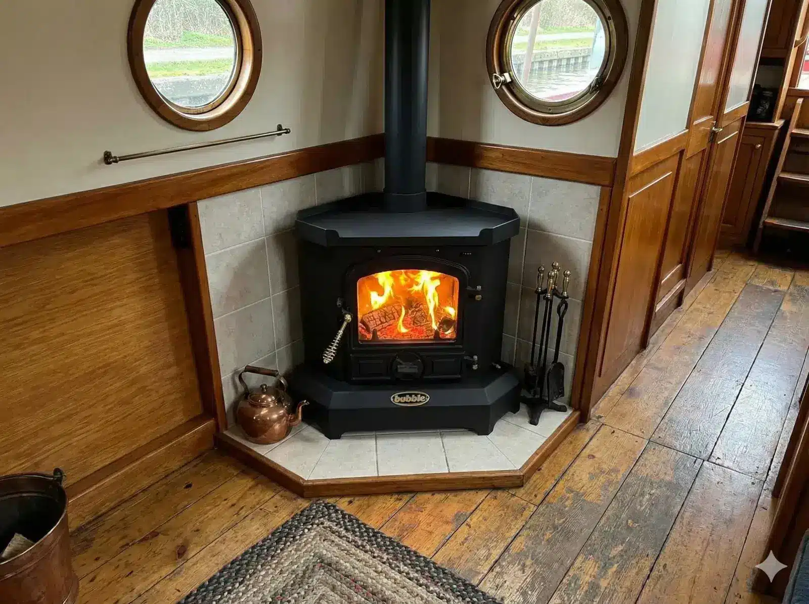 Bubble Corner solid fuel stove installed in a narrowboat corner with tiled hearth and copper kettle