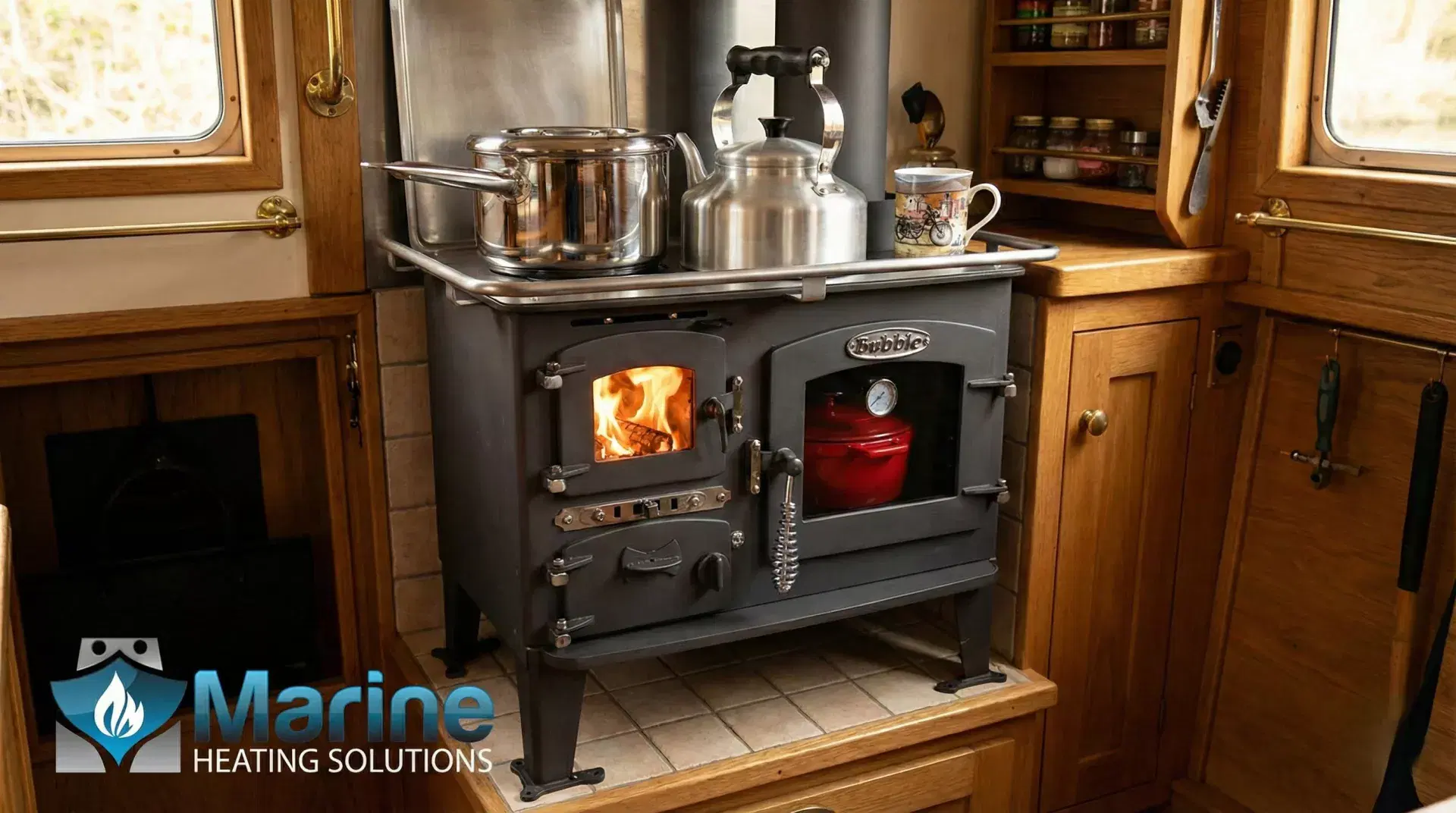 A Bubble solid fuel boat cooker with a visible fire and oven thermometer, installed on a tiled plinth in a traditional wood-paneled narrowboat galley.