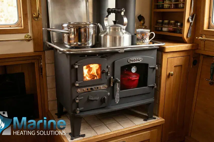 A Bubble solid fuel boat cooker with a visible fire and oven thermometer, installed on a tiled plinth in a traditional wood-paneled narrowboat galley.