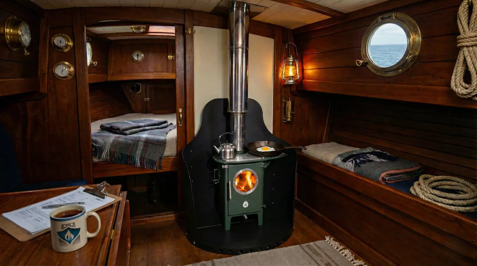 A green Chilli Billie Gentoo wood-burning stove with a circular glass door and active fire, professionally installed in a wooden boat cabin by Marine Heating Solutions.