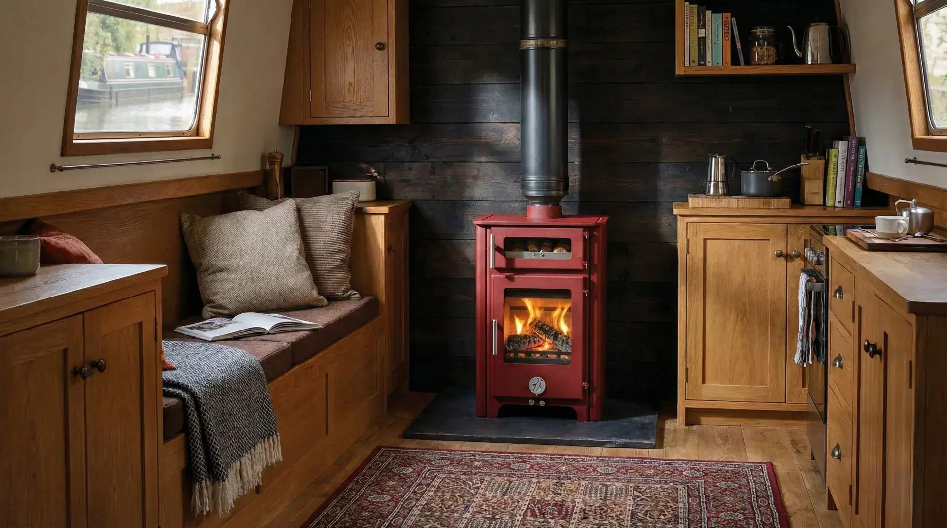 Professional installation of a red Chilli Penguin Fat Penguin stove in a narrowboat cabin, featuring a BS 8511 compliant twin-wall insulated flue and starter pipe by Marine Heating Solutions.