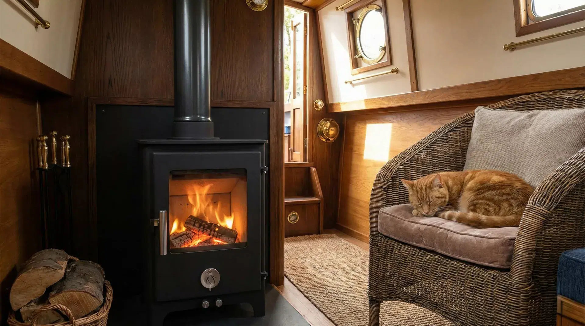 Chilli Penguin Short Penguin multi-fuel stove installed on a narrowboat by Marine Heating Solutions, featuring a cozy interior with a sleeping cat.