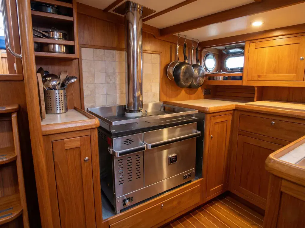 Dickinson Adriatic - Diesel Cooker A Dickinson Adriatic diesel cooker with a vertical stainless steel flue professionally installed in a wooden boat galley by Marine Heating Solutions.
