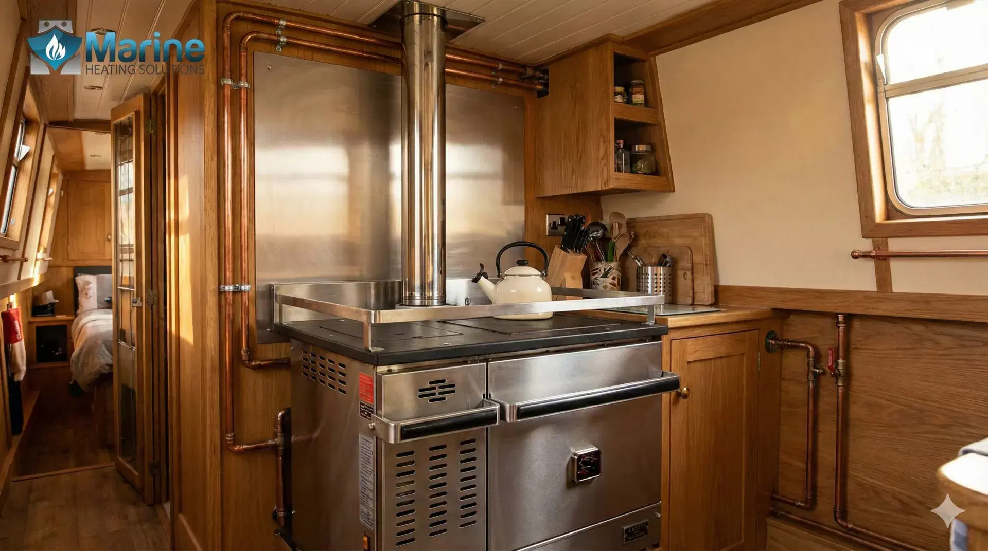 A Dickinson Adriatic diesel cooker with a vertical stainless steel flue installed in a wood-finished narrowboat galley by Marine Heating Solutions.