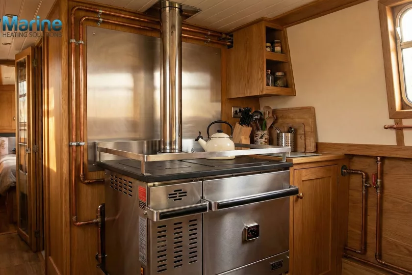 A Dickinson Adriatic diesel cooker with a vertical stainless steel flue installed in a wood-finished narrowboat galley by Marine Heating Solutions.