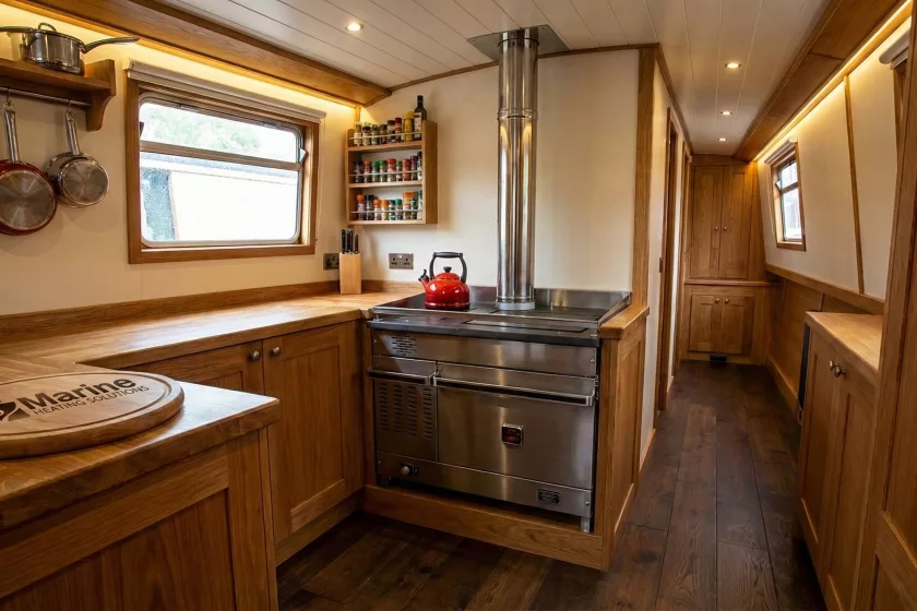 Professional installation of a Dickinson Atlantic marine diesel cooker in a narrowboat galley with a 15cm oak plinth and a vertical stainless steel flue.