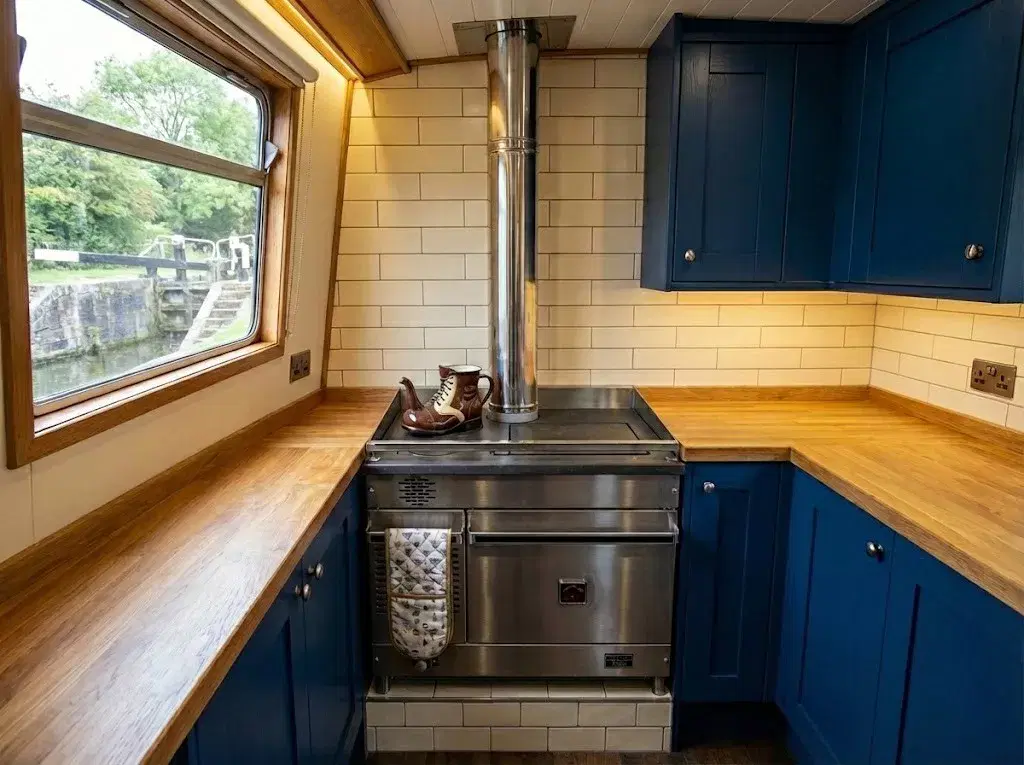 A Dickinson Atlantic marine diesel stove installed in a narrowboat galley with oak worktops, featuring a vertical flue and a 15cm raised plinth