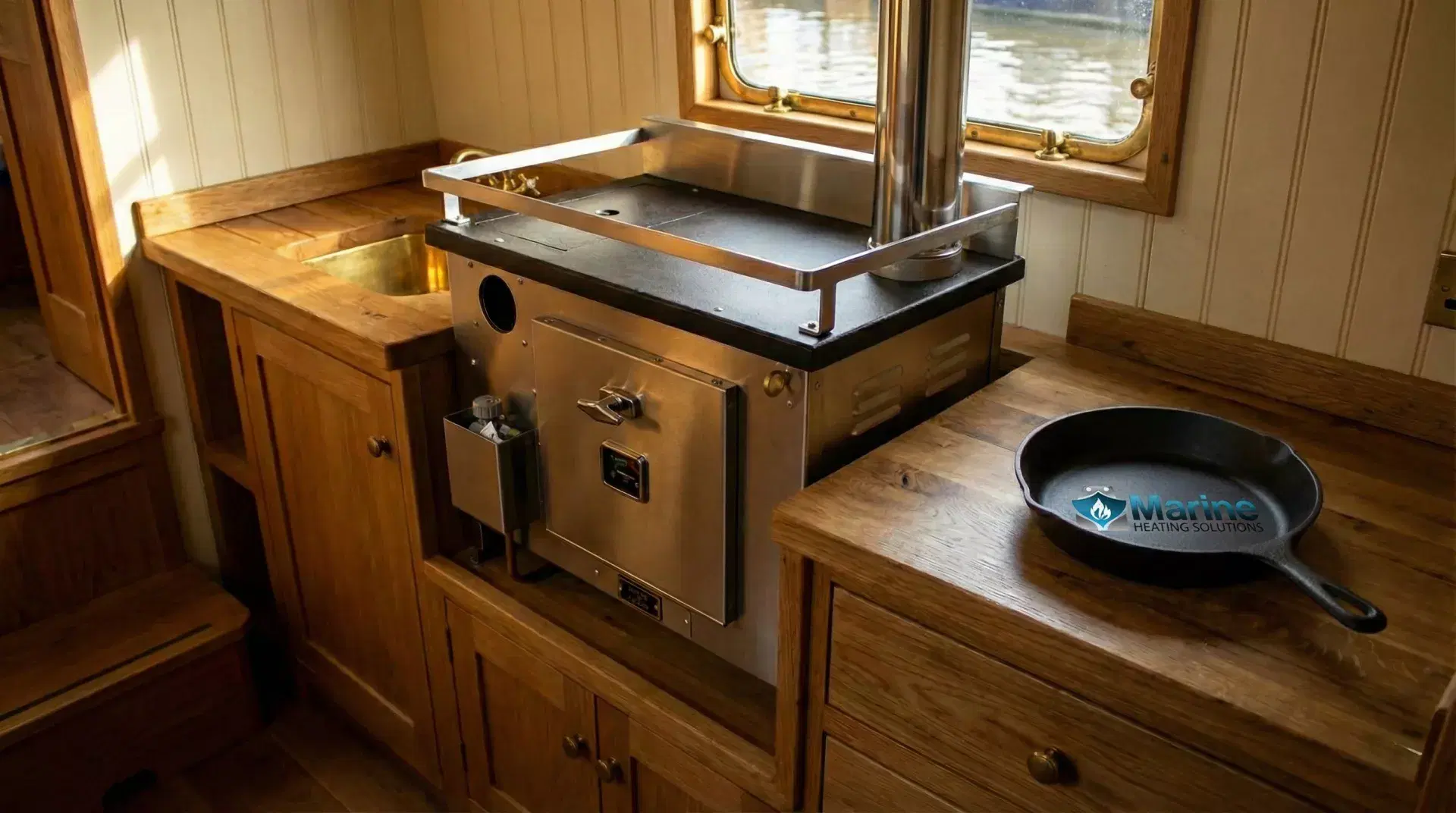 A Dickinson Bering diesel cookstove and heater professionally installed in a narrowboat galley, featuring a custom 30cm plinth and a vertical stainless steel flue.
