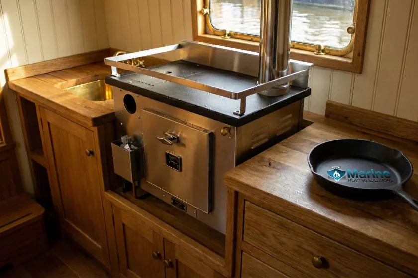 A Dickinson Bering diesel cookstove and heater professionally installed in a narrowboat galley, featuring a custom 30cm plinth and a vertical stainless steel flue.