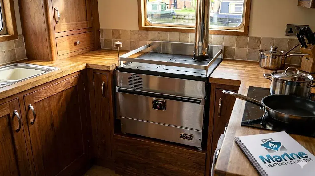 A stainless steel Dickinson Bristol diesel cooker installed on a wooden plinth in a narrowboat galley with a vertical flue and wooden worktops.